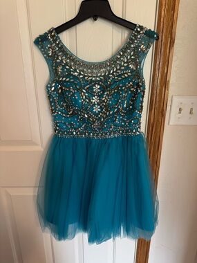 Teal Embellished Sleeveless Tulle Party Dress